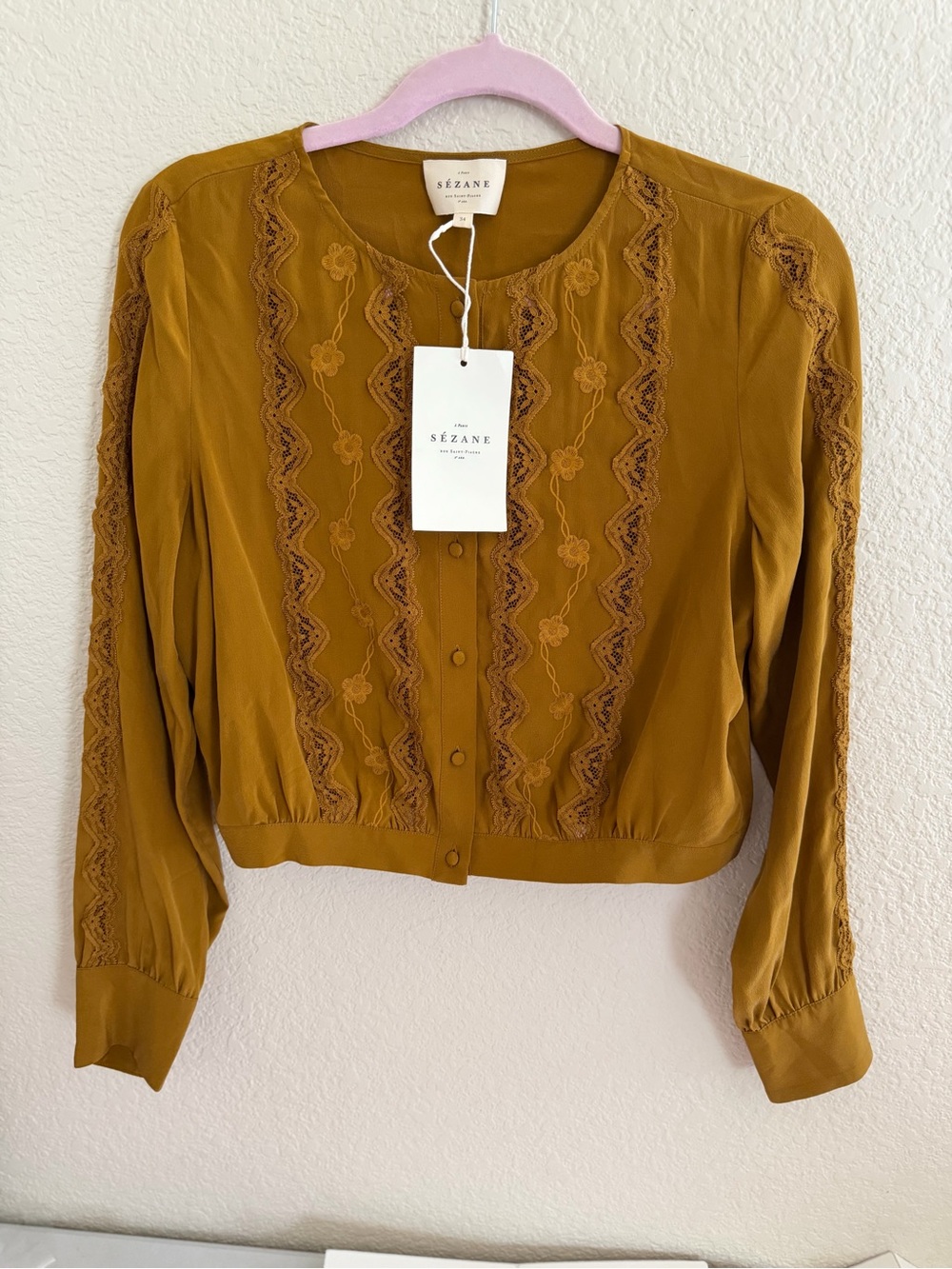 Sézane Mustard Lace-Panel Button-Front Blouse
